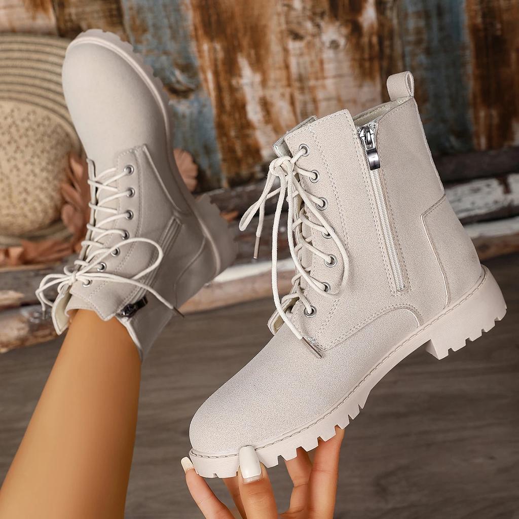 Ретро Однотонные Ботильоны на Молнии для Женщин Осень Зима Квадратный Каблук Шнуровка Женские Ботинки Большой Размер Обувь Женская с Круглым Носком