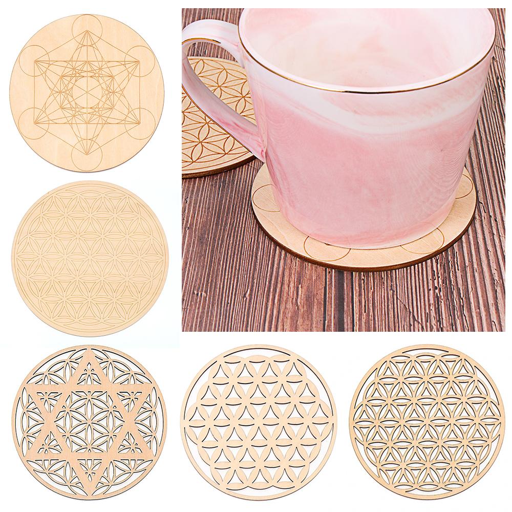 20cm Decor Healing Flower of life Circles Carved Wood Round Edge Chakra Pattern Coaster