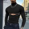 INCERUN Men Turtleneck Long Sleeve Hollow Tops Slim T-shirts
