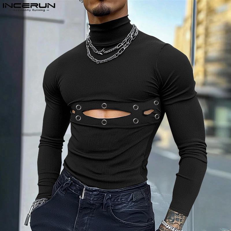 INCERUN Men Turtleneck Long Sleeve Hollow Tops Slim T-shirts