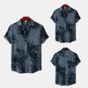 Summer Men Shirt Vintage Floral Print Turn-down Collar Single-breasted Short Sleeves Loose Cardigan Buttons Mid Length Top