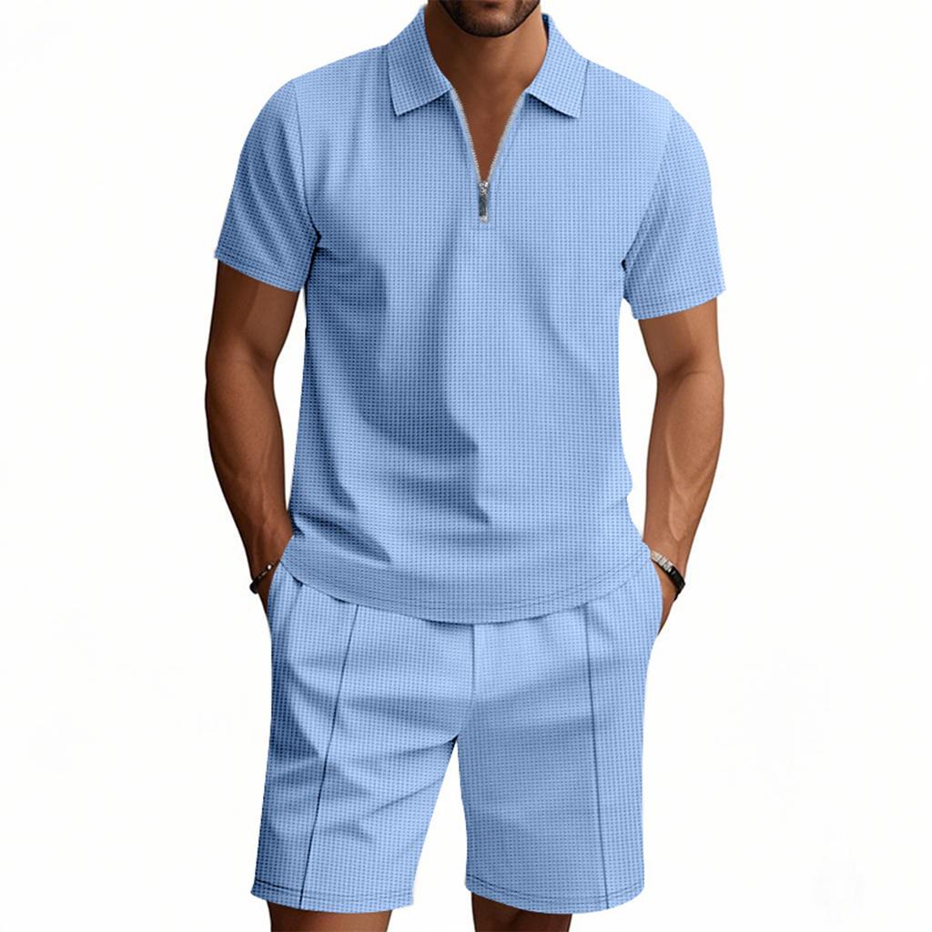 Men'S Solid Color Casual Collar Short Sleeved Shorts Two-Piece Set
