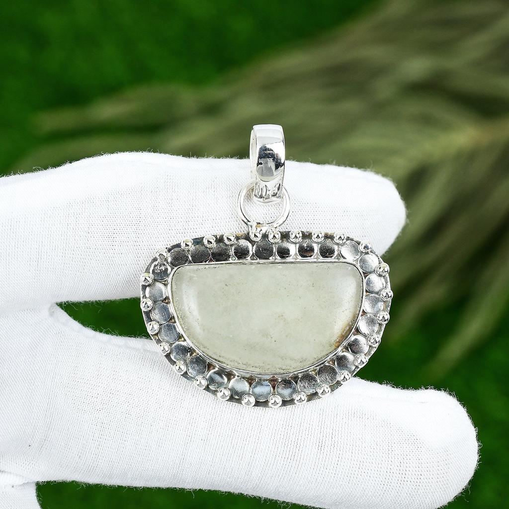 925 Silver Crescent Natural Moonstone Bezel Mother Birthday Handcrafted Pendant