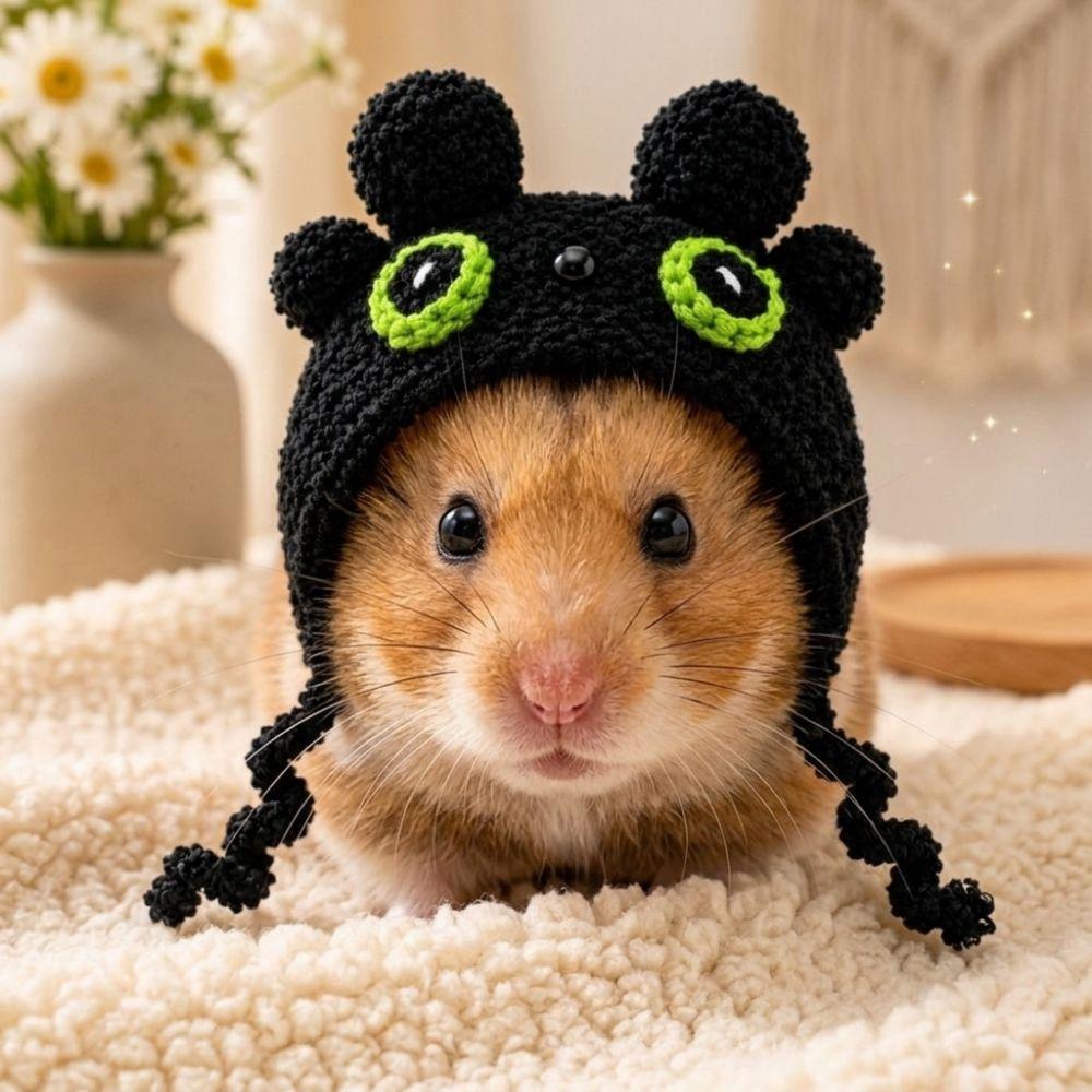 Bear-Shaped Guinea Pig Costume Hat Adjustable Ties Hamster Knitted Hat Holiday Party