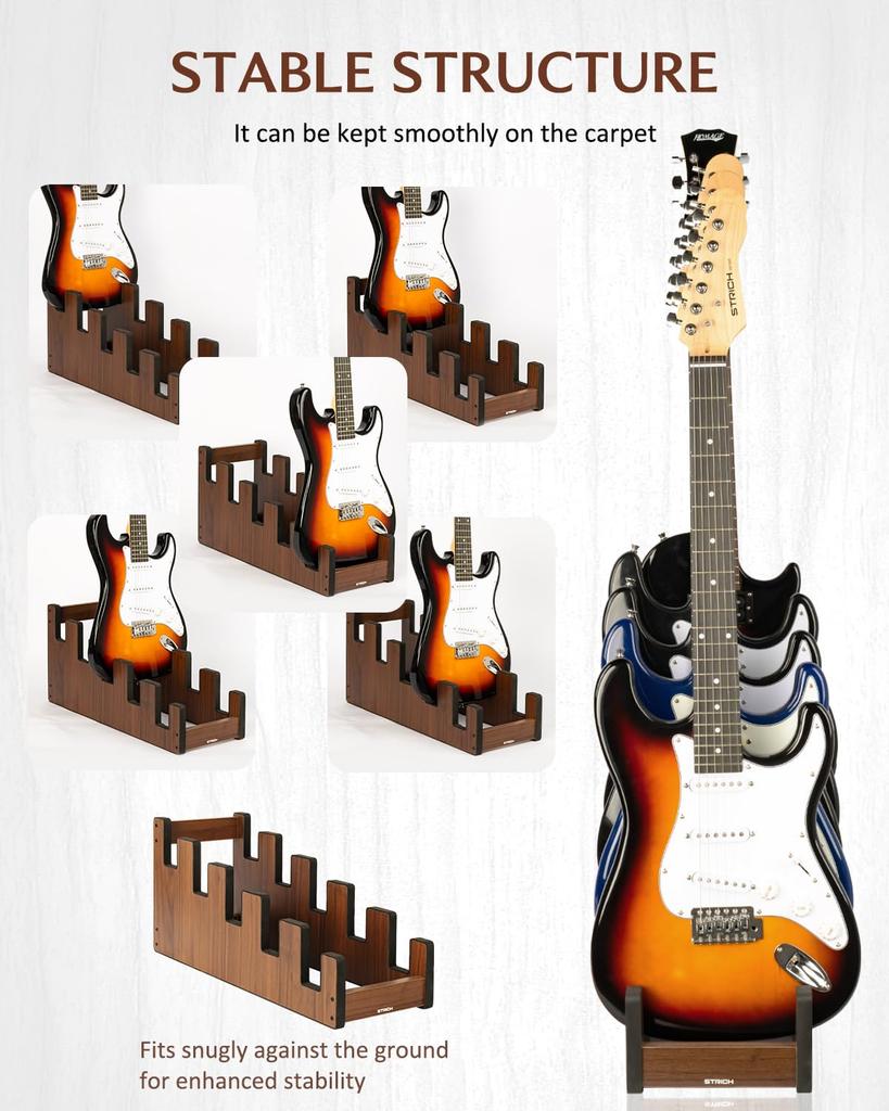 STRICH Wooden Guitar Front Stand for and Stage Walnut Color 5 L-5EW Floor-Mounted Stand, 5-Guitar Capacity, Display, Space-Saving, Multi-Guitar Home,