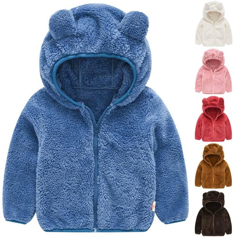 Kids Pure Color Teddy Fur Jackets Children Bear Ear Hoodies Coats Boys Girls Winter Warm Outerwear