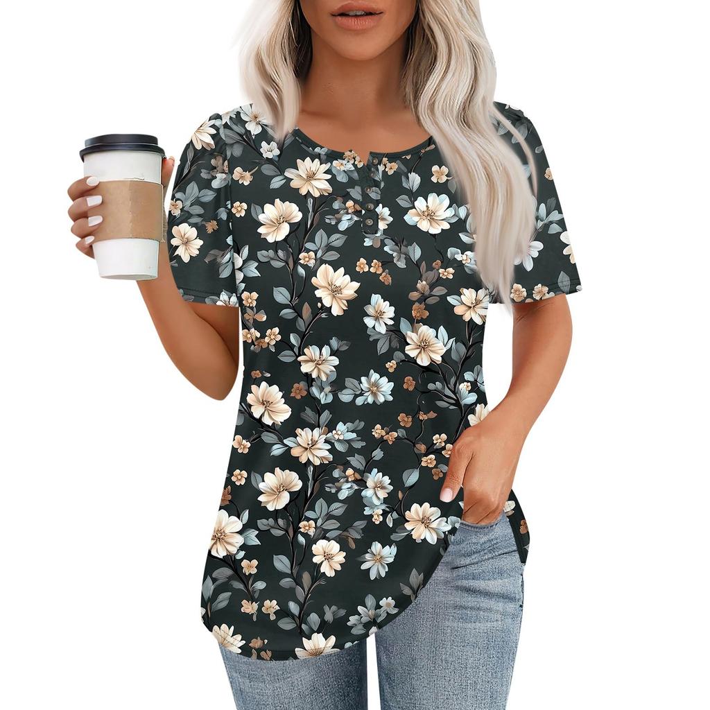 Женский модный повседневный короткий рукав пуловер с принтом на пуговицах и круглым вырезом