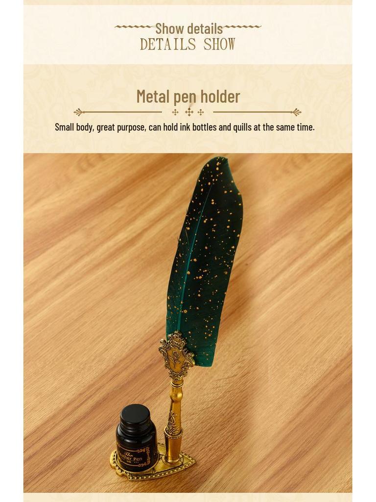 British Style Gold Splatter Feather Pen Set with Custom Logo - Ink Dipping Set, Birthday Gift