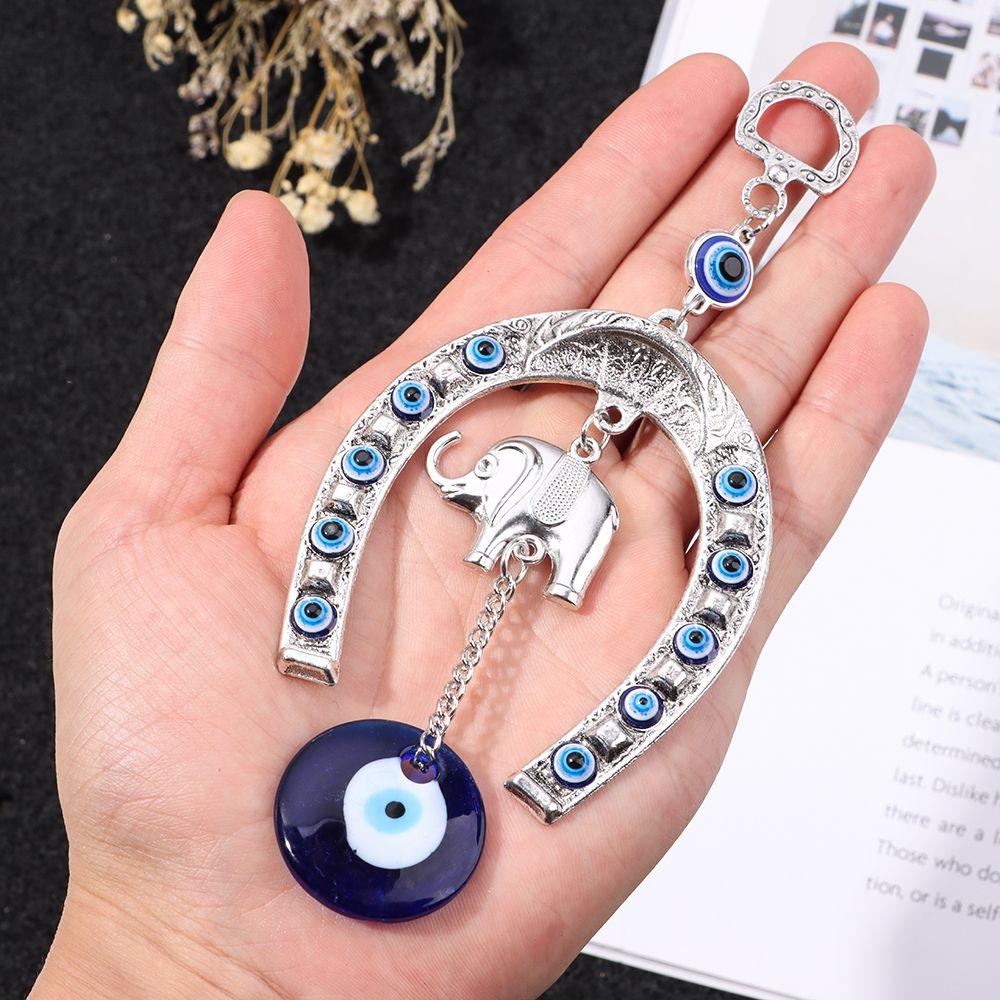 Blessing Ornament Car Pendant Hanging Ornament Evil Eye Horseshoe with Elephant Navy Blue