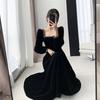 Женское платье из бархата с квадратным вырезом и золотой отделкой, весенне-осеннее, новое, в ретро-стиле Хепберн, для ношения с черным топом, средней длины