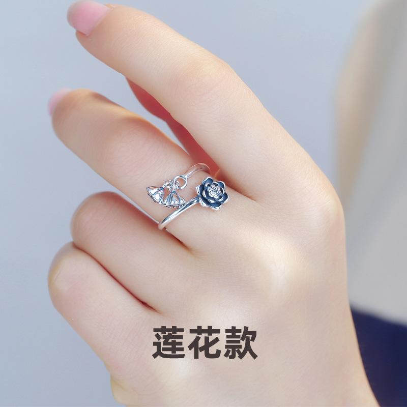 Xiangxu Lotus Ring for Women, Thai Silver, Retro Classical Ethnic Style, Lotus Pod and Lotus Root Ring, Index Finger Ring, Open Ring