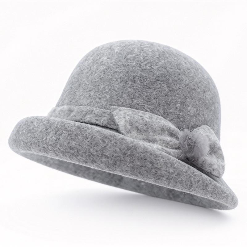 Middle-aged and elderly mother autumn and winter wool top hat women's bow hairball basin hat retro crimped bucket hat thermal hat