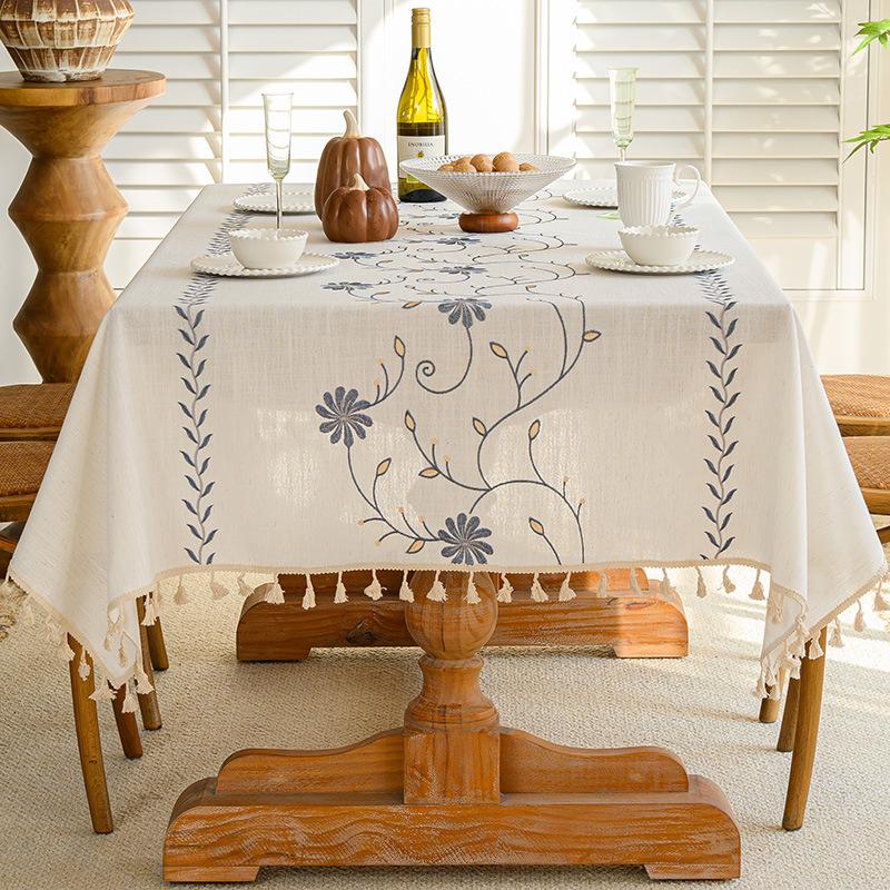 Трехмерная вышивка Скатерть Легкая роскошь Французский ретро Прямоугольная Скатерть для кофейного столика Высококачественный хлопок-лен Декор