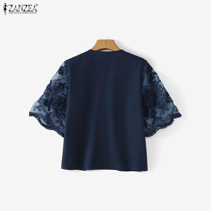 ZANZEA Женская повседневная блузка с кружевной вставкой, коротким рукавом и V-образным вырезом, элегантная
