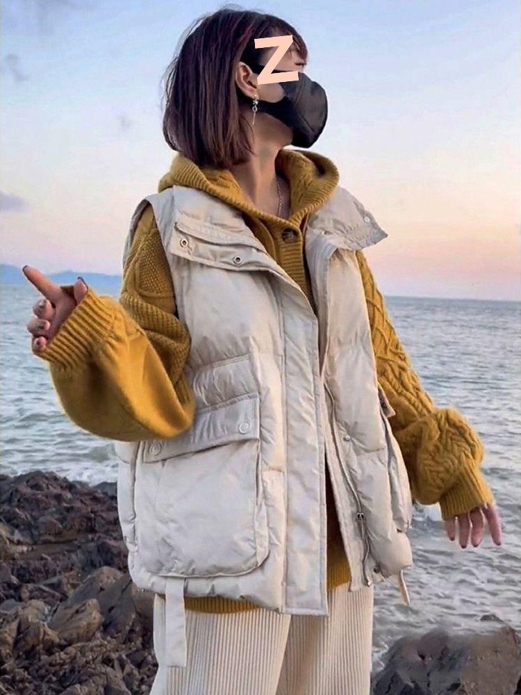 Глянцевый пуховый жилет без стирки для женщин - Осень/Зима, воротник-стойка, без рукавов, модная верхняя одежда