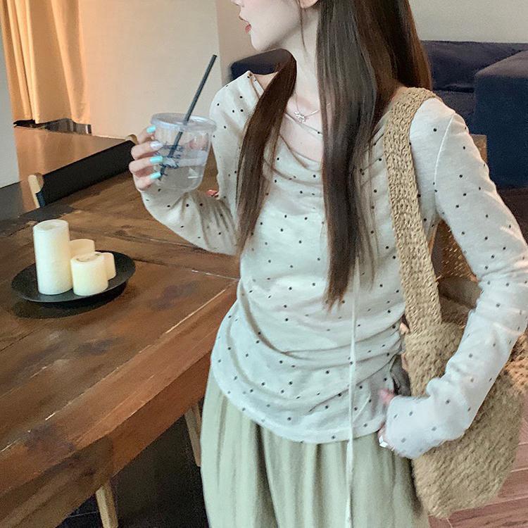 Polyester Dot Pattern Off Shoulder Tiefront T Shirt For Women Fall