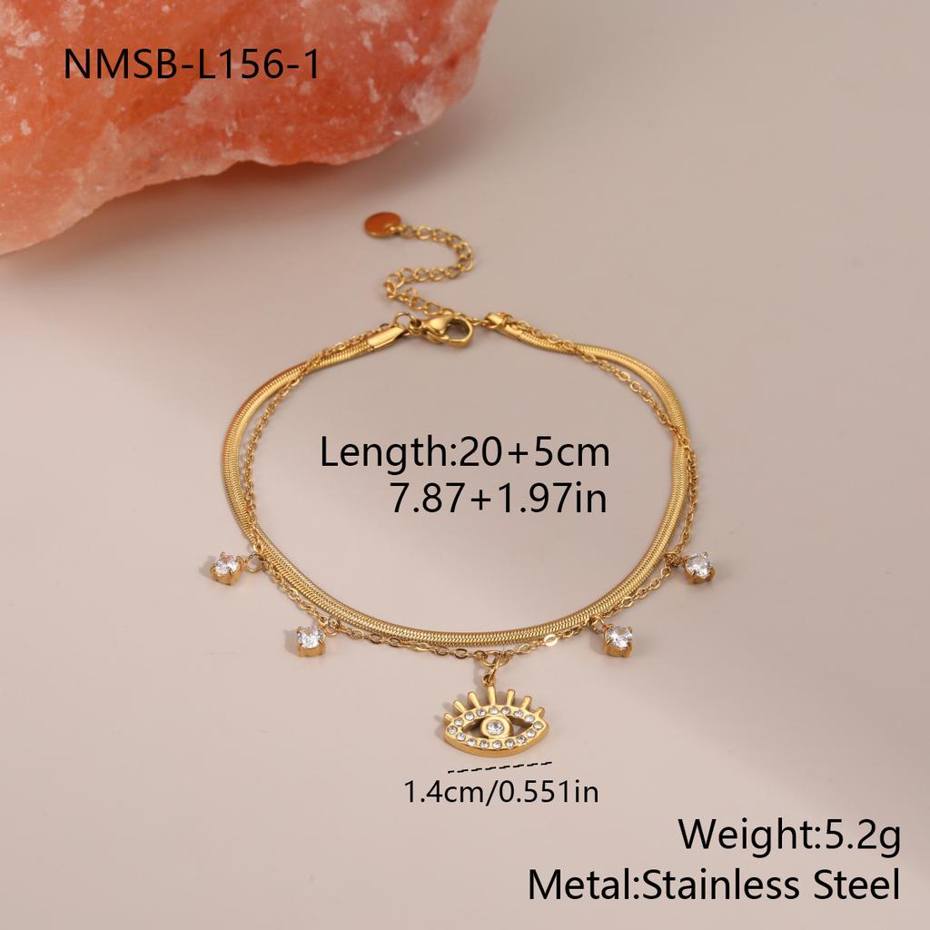 GEMCHIC Women's Double Layer Evil Eye Pendant Bracelet Stainless Steel Rhinestone Jewelry
