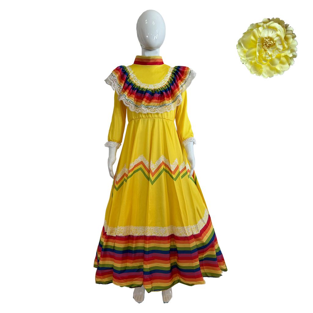 Детское длинное платье в мексиканском стиле с длинными рукавами и круглым вырезом.