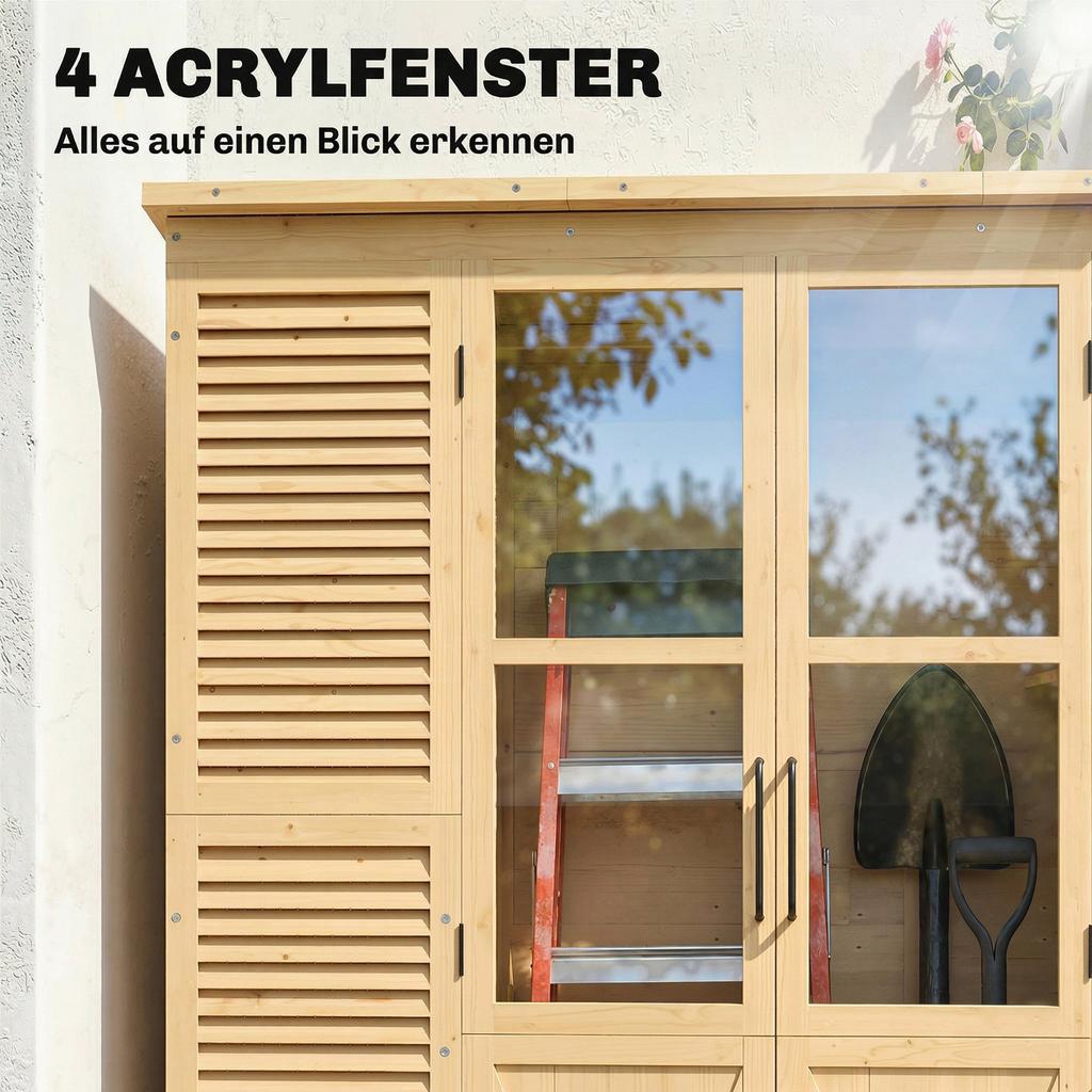 Garden Cabinet Wood Walk-In Tool Shed with Shelf Acrylic Windows Double Door Asphalt Roof Louvered Ventilation Floor Panel