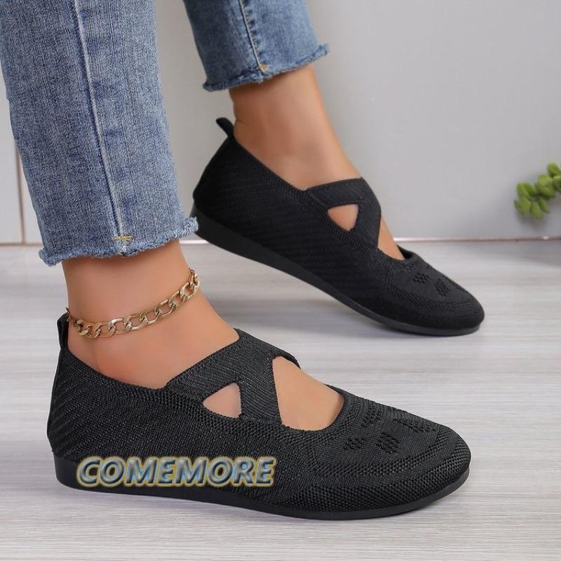 Эластичные трикотажные туфли на плоской подошве для женщин 2024 года, летние дышащие мягкие лоферы, женские легкие повседневные туфли без застежек, мокасины для мам