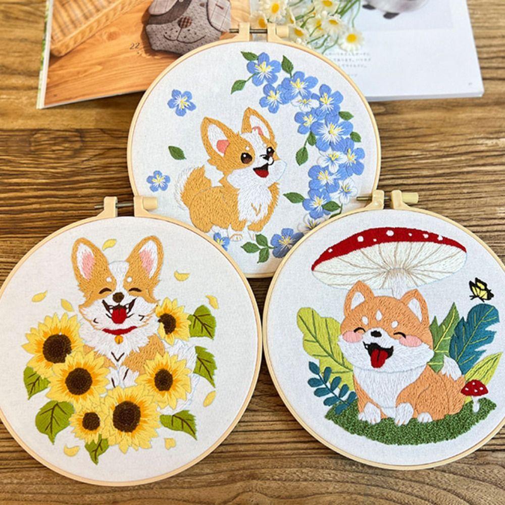 Floral Patterns Cross Stitch Set Corgi Embroidery Set Home Decor Dog Embroidery Kit Beginner