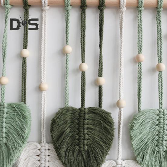 Wall Decor Large Boho Macrame Handmade Yarn Woven Wall Art Leaf Tapestry Wall Hanging with Faux Feathers for Home Decor
