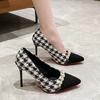 Fashion New Women Black High Heels Shoes Houndstooth Pumps Black Toe Costume Tweed Boat Shoes Pearls Designer Shoes Dress Work Shoes