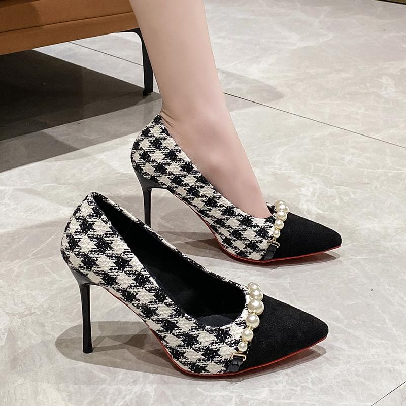 Fashion New Women Black High Heels Shoes Houndstooth Pumps Black Toe Costume Tweed Boat Shoes Pearls Designer Shoes Dress Work Shoes