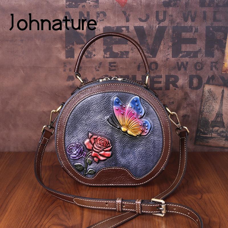 Johnature Женская маленькая круглая сумка из натуральной кожи, винтажная сумка ручной работы с тиснением из натуральной яловой кожи, сумки на плечо