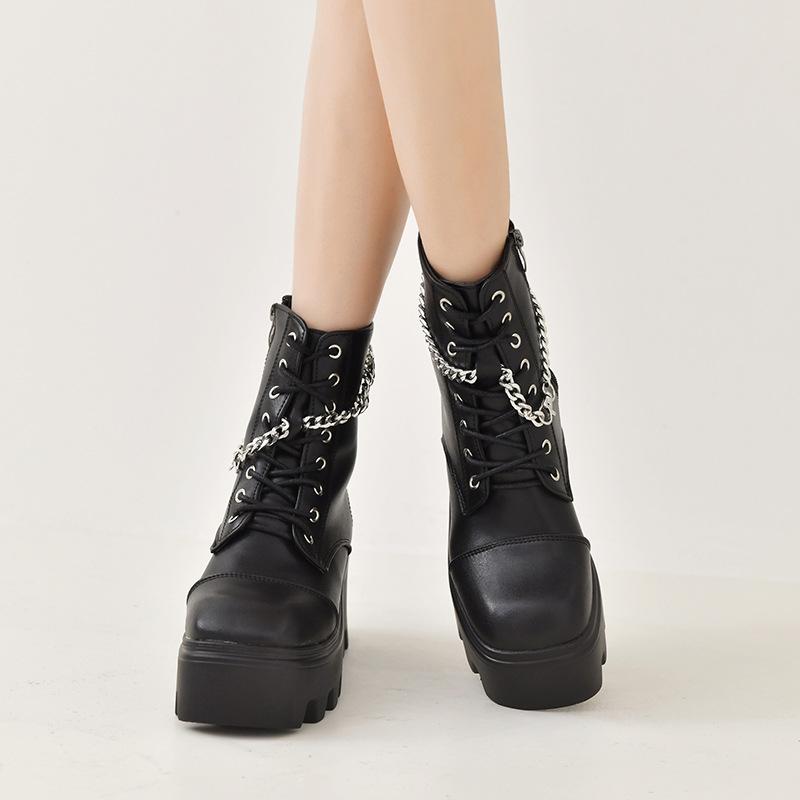 Winter Oversized Gothic Black Boots Women's High Heels Sexy Chain Thick Heel Thick Sole Women's Boots