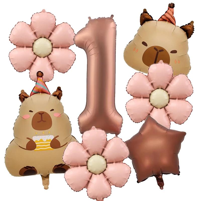 7pcs Cute Capybara Daisy Balloon 32 Inch Retro Caramel Number 1-9 Balloons Set Birthday Party Supplies Festive Decoration