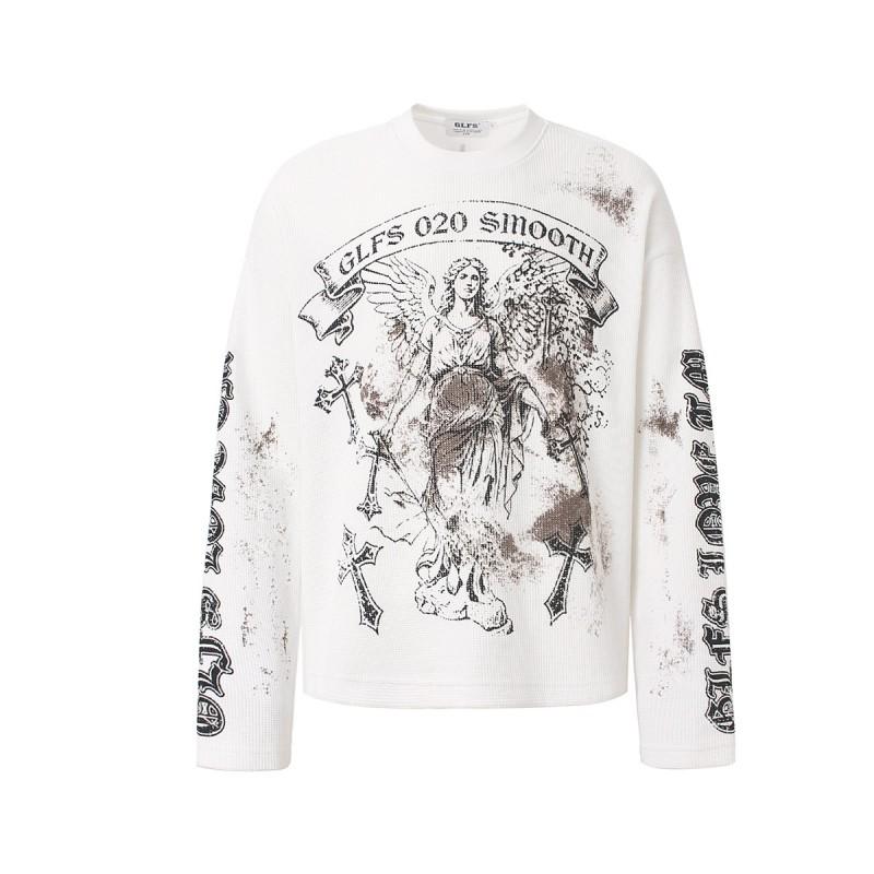 Mens Oversized Cotton Long Sleeve Graphic Hoodie Streetwear Urban Dark Academia Cross Print Crewneck Sweatshirt