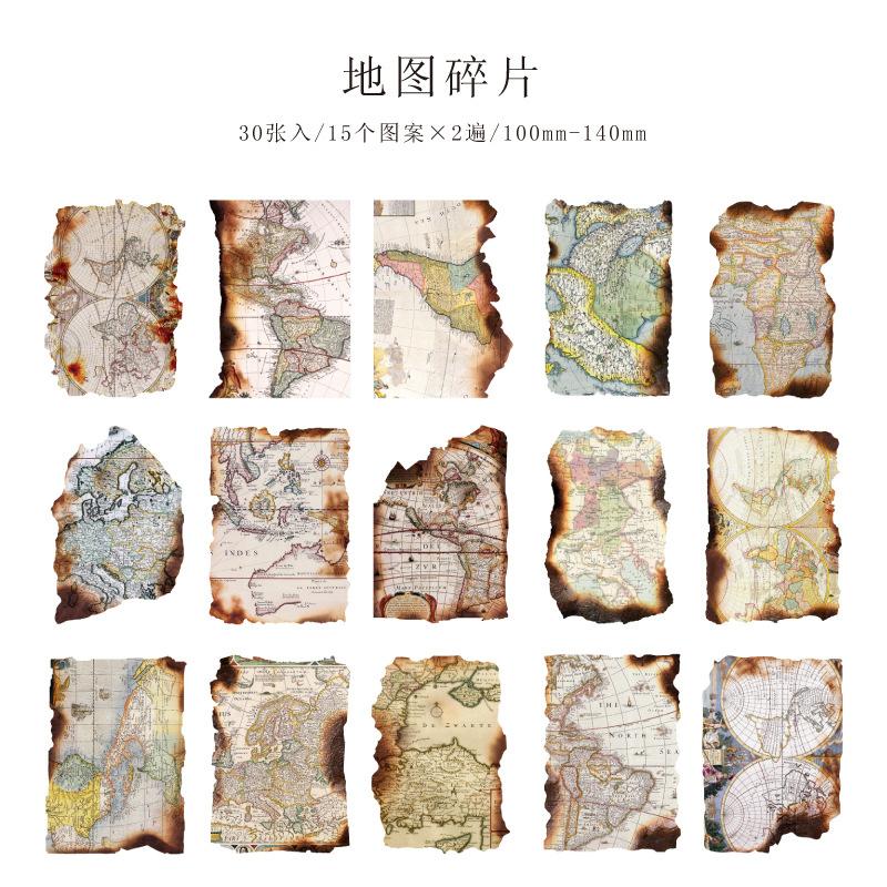 1pack/30pcs Retro Burned Material Paper Unique Irregular Shapes Aged Look Designs such Antique Maps