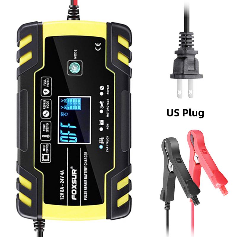 Интеллектуальное зарядное устройство для автомобильных аккумуляторов 12 В 4 А / 24 В 8 А для грузовиков, мотоциклов, автофургонов, лодок, AGM, свинцово-кислотных аккумуляторов с ЖК-дисплеем для импульсного ремонта