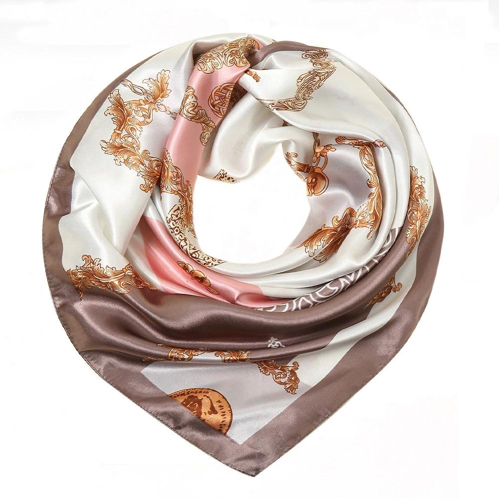 Women Imitation Silk Scarf Luxury Printed Hijab Silk Satin Shawl Foulard Square Head Scarves Wraps For Ladies 90x90CM