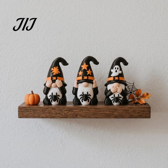 Whimsical Halloween Decor 3Pcs Three Gnomes Figurines, See No Hear Speak Evil Seasonal Home Accents Gnome Statues, Spooky Spider Ghost Dwarf Tabletop