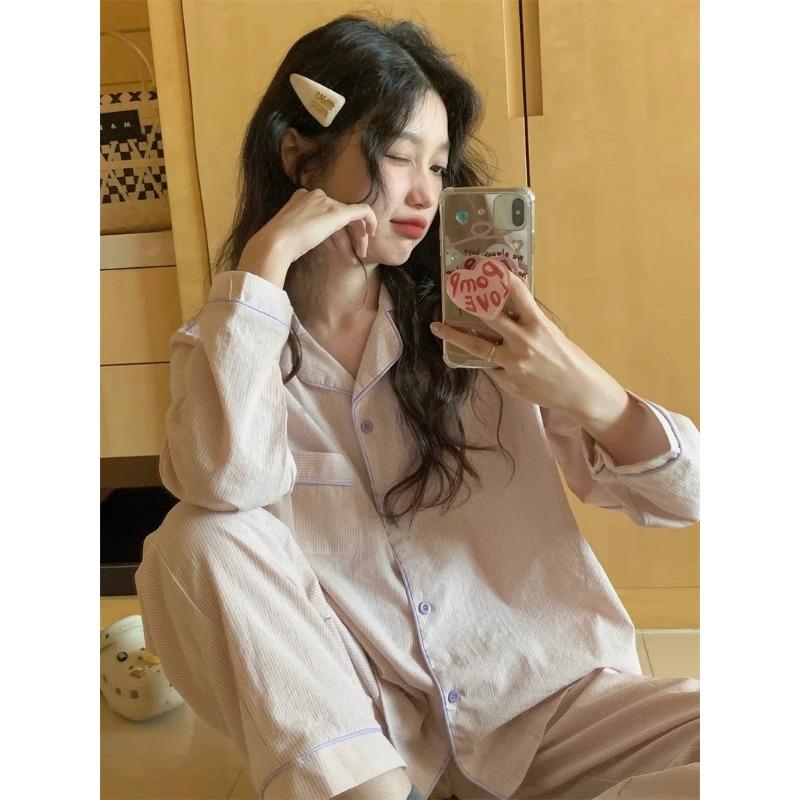 Женская пижама осень-весна с длинным рукавом, мягкий комплект для сна, полосатая пижама с рисунком, женский домашний комплект для сна, кардиган