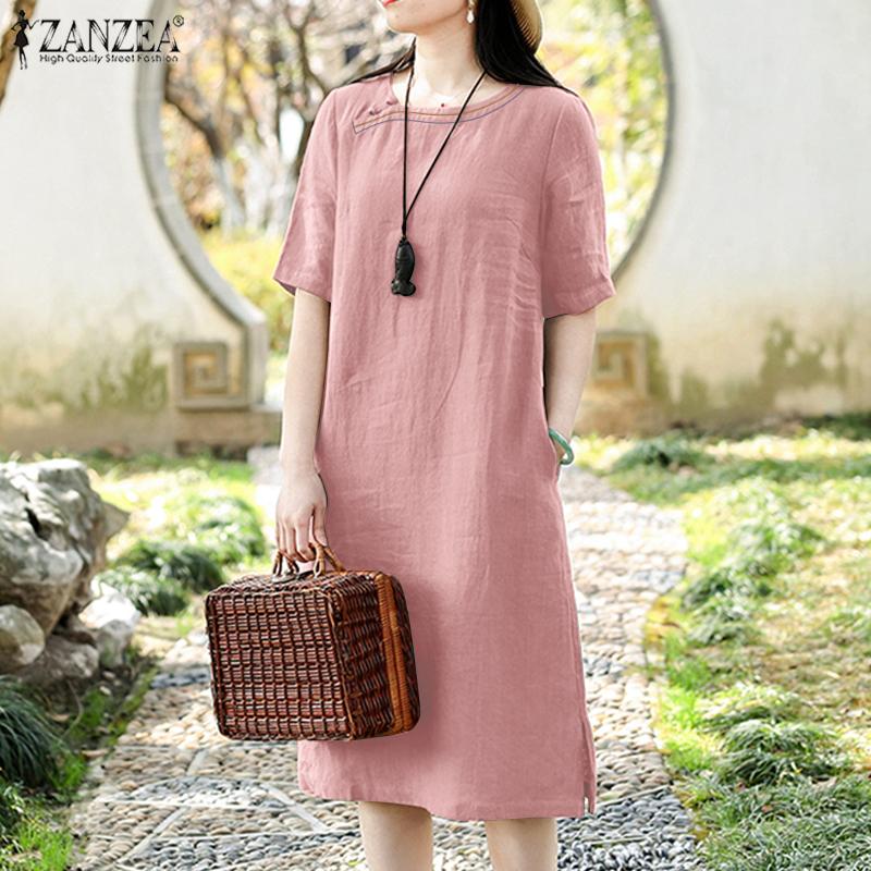 ZANZEA Женское повседневное хлопковое летнее платье с коротким рукавом и круглым вырезом