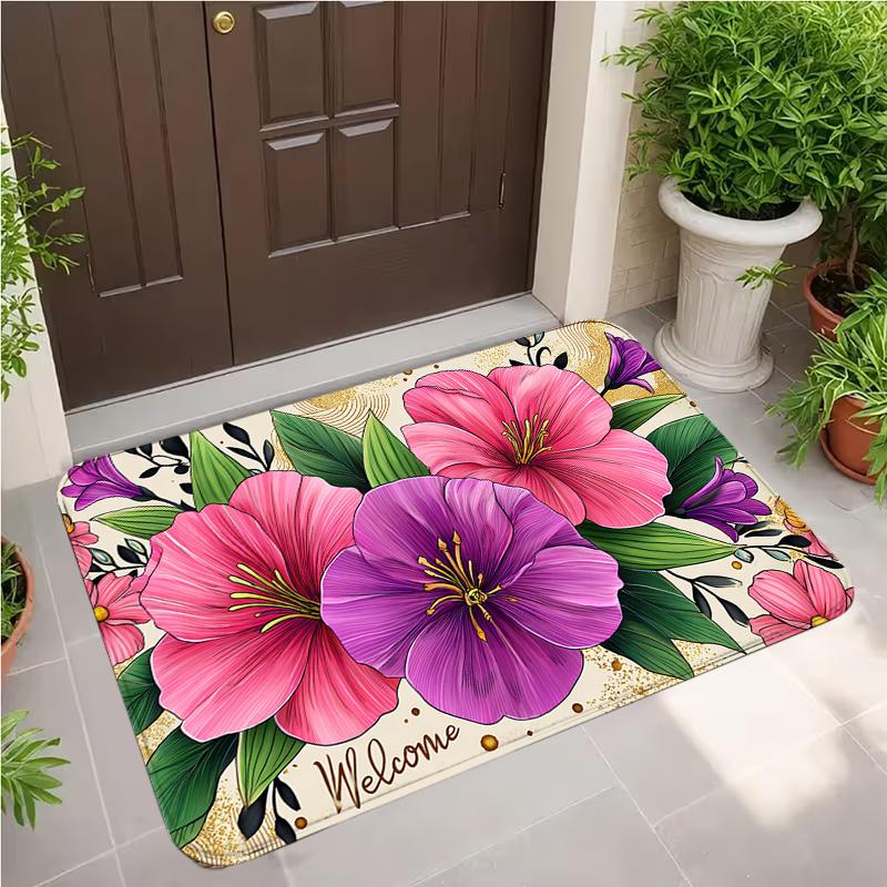 Watercolor Hibiscus Welcome Doormat Pink and Purple Flowers with Gold Accents Non Slip Floor Mat for Tropical Home