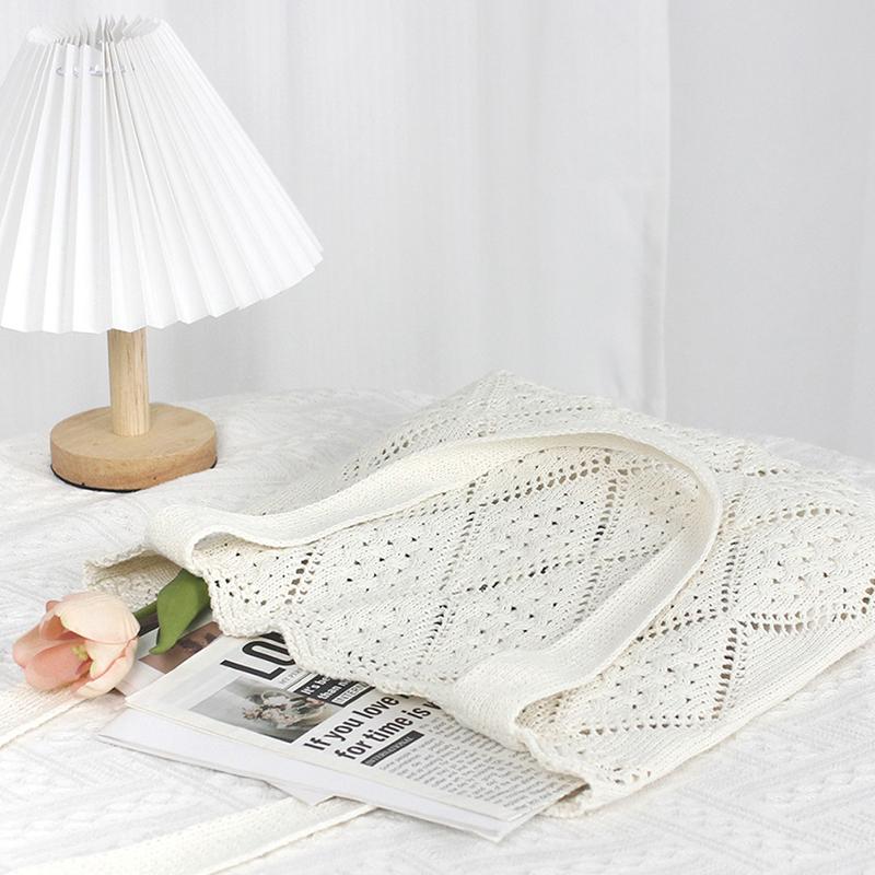 Yogodlns Minimalist Knit Shoulder Bag Boho Crochet Handbag Vintage Lace Hollow-Out Purse for Women Casual Crossbody Underarm Bag