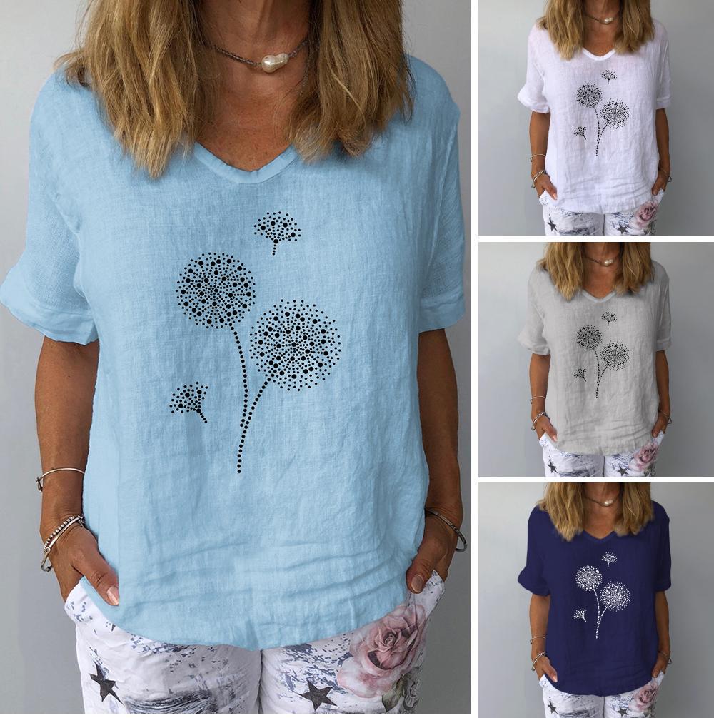 (M-3XL) Summer New Women V Neck Short Sleeve Dandelion Print T-shirt Blouse Top Soft