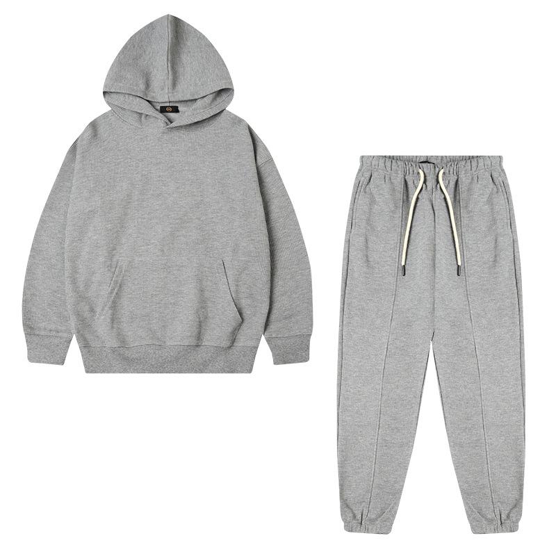 Kids Hoodie Set 320G Waffle Knit Thick Solid Color Boys Girls Casual Sportswear Two-Piece Outfit
