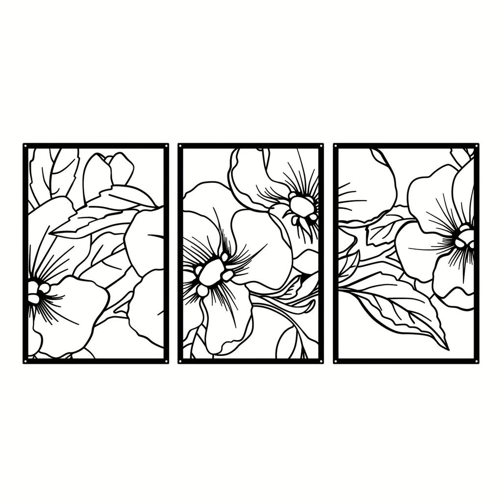 3-Piece Pear Flower Metal Wall Art Set - Black Square Modern Sculptures | Stylish Home Decor for Office, Kitchen, and Bathroom