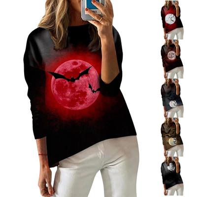 Женская футболка с принтом, длинный рукав, повседневная, выходного дня, модная, с заниженной линией плеч, с круглым вырезом, блузка