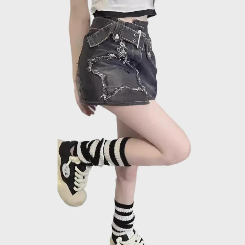 Y2K Hot Girl Black Denim Skort: Anti-Exposure Subculture Style with Irregular Hem