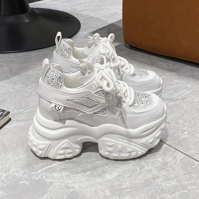 11CM Women Casual Platform Sneakers High Heels 2024 New Autumn Sports Leather Shoes Bling Trainers Chunky Sneakers Zapatos Mujer