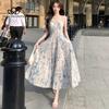 French Blue Oil Painting Long Dress Beach Dress Floral Sling Dress Women's Summer Fairy Style Casual Party Dress