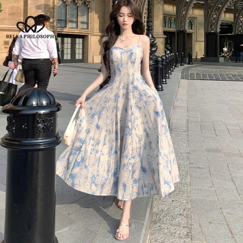 French Blue Oil Painting Long Dress Beach Dress Floral Sling Dress Women's Summer Fairy Style Casual Party Dress