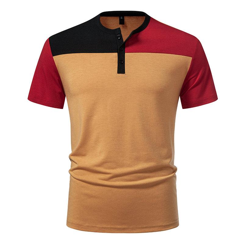 Men's Summer Hip Hop Streetwear Contrast Color T-Shirts Fashion Patchwork Henry Collar Casual Button Basic Short Sleeve Top Tees