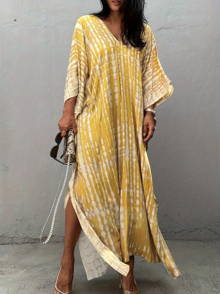 Women's Boho Style Cover Up, Plus Size Tie Dye V Neck Loose Fit Vacay Beach Kaftan Dress